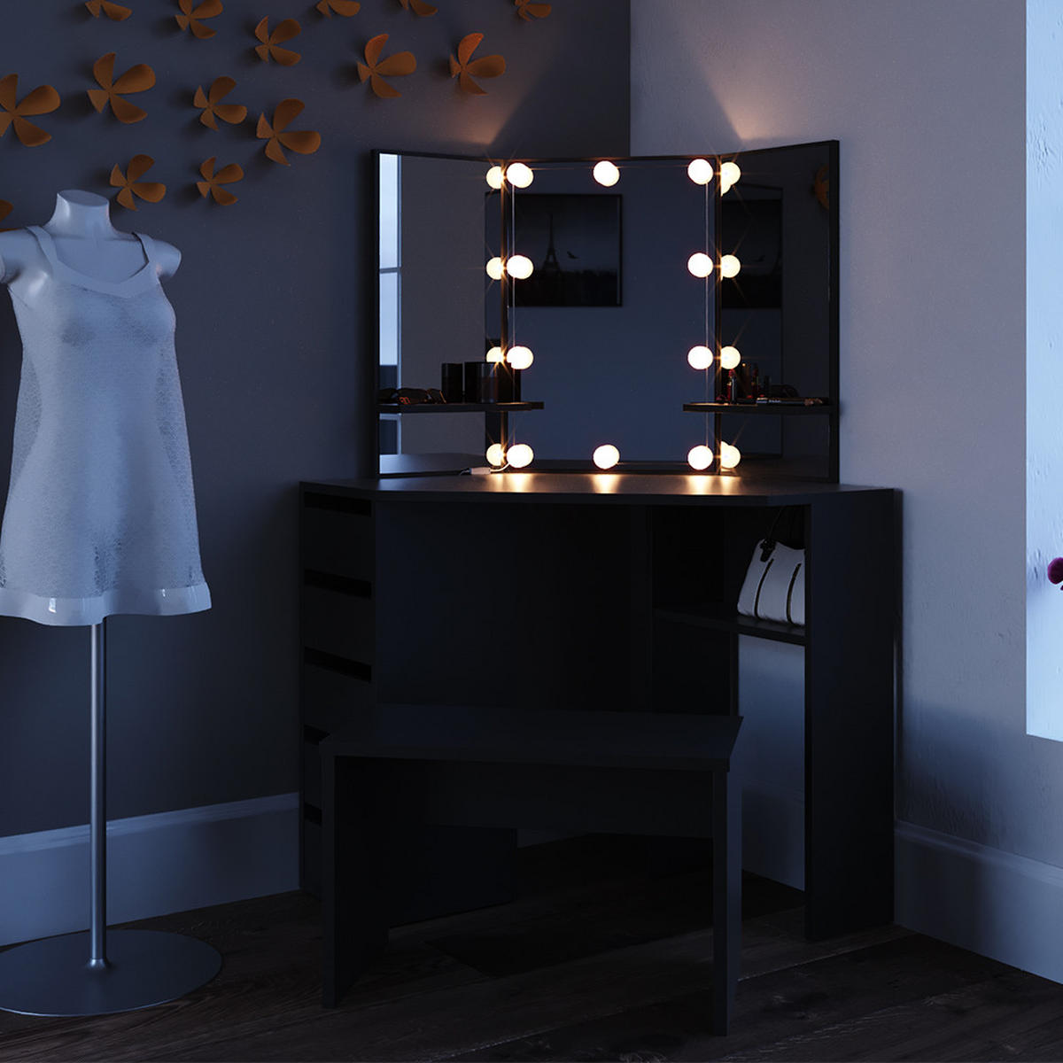 ECKSCHMINKTISCH Arielle Schwarz 110 cm mit LED Beleuchtung und Bank - Schwarz, Holzwerkstoff (110/141.5/54cm) - Vicco