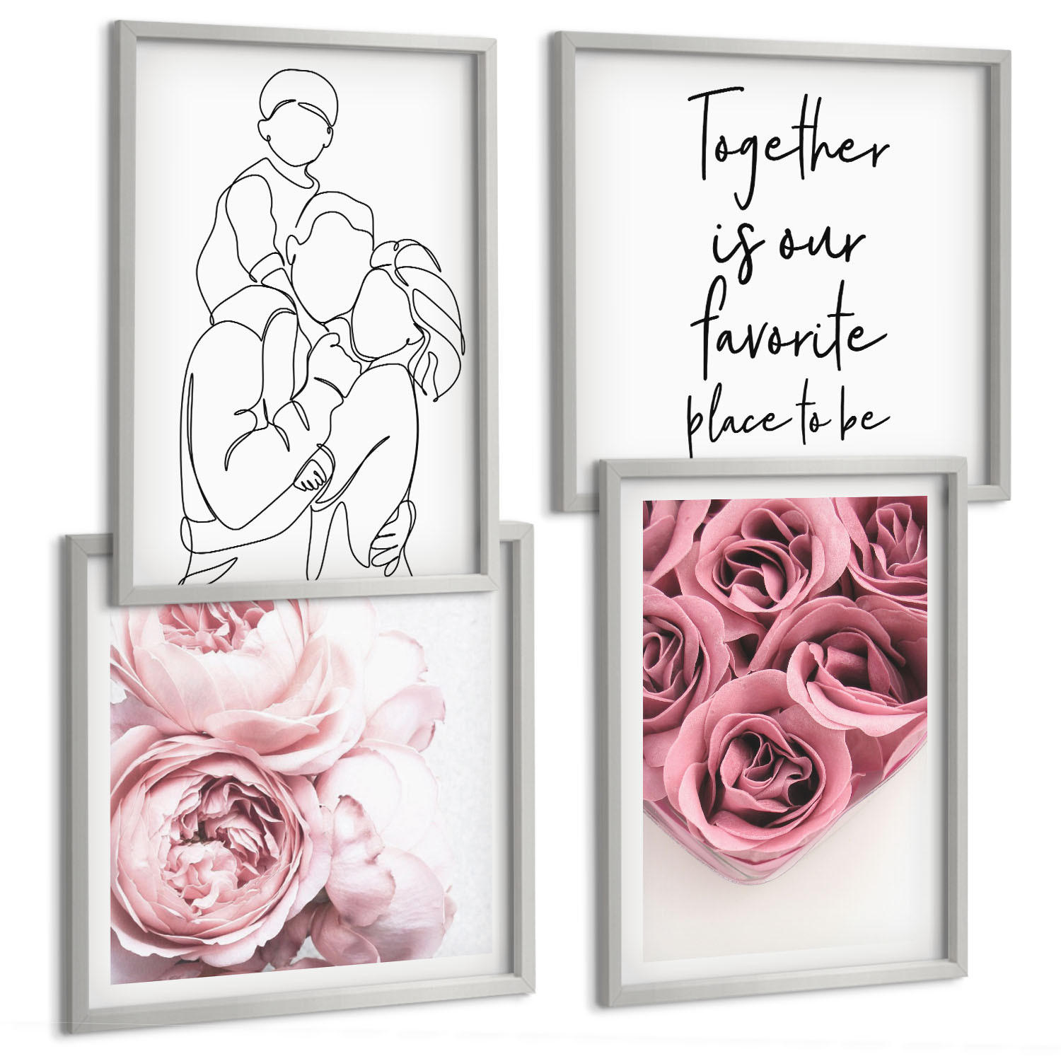 BILDER SET 4er Set - 50x50 cm & 40x60 cm Silberner Rahmen - Rosensträuße als Familienzeichnung - Silberfarben, Kunststoff (50/50cm) - TULUP