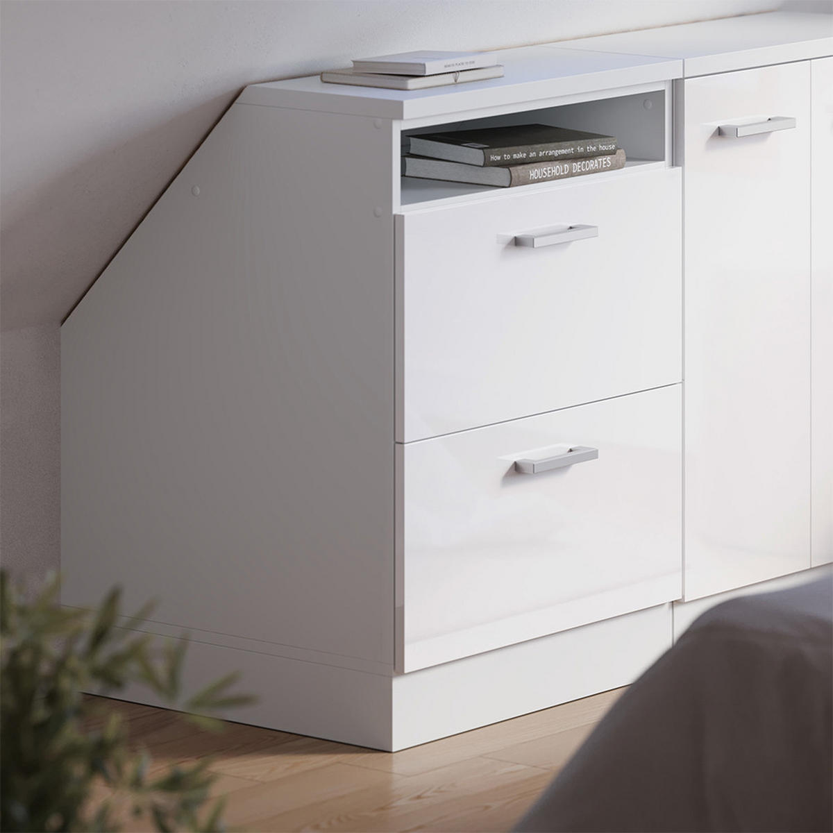 KUHINJSKI ORMAR ZA KOSINE KROVA R-Line Sjajna Bijela 60 cm s 2 ladice, korpus ormara dubine 60 cm - bijela/bijela visoki sjaj, drvni materijal (60/83.8/60cm) - Vicco