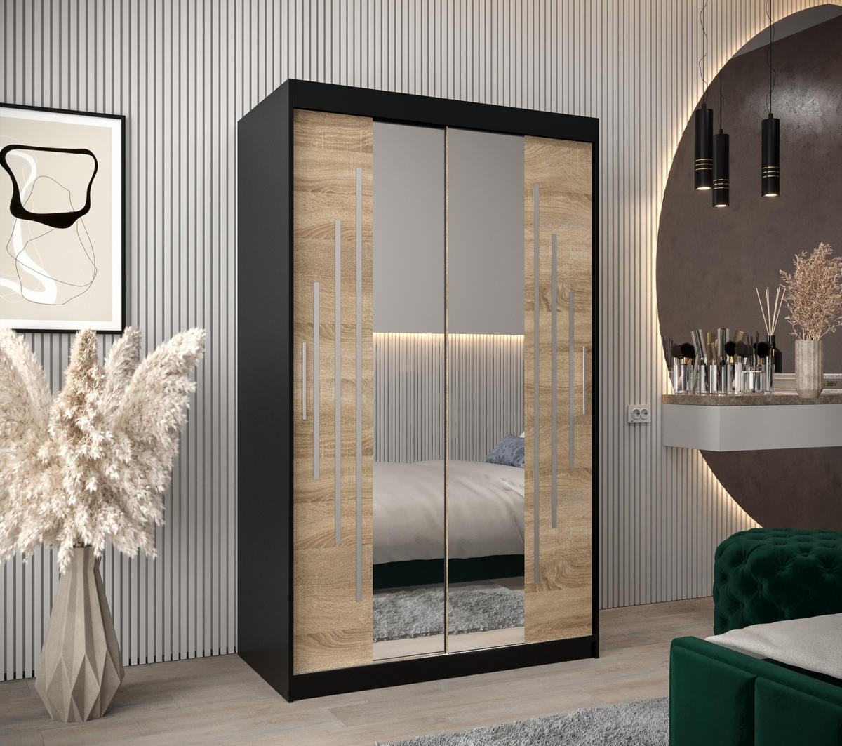 SCHWEBETÜRENSCHRANK 200/120/62 2-türig - Silberfarben/Schwarz, Holz/Kunststoff (120/200/62cm) - Abiks Möbel