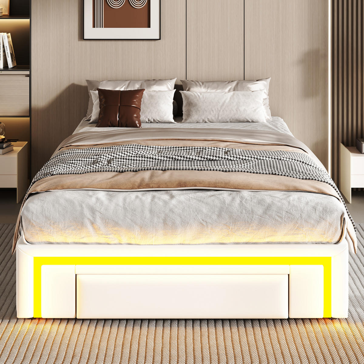 BETT 90/200 cm in Weiß mit Schubladen und LED - Weiß, Holzwerkstoff/Textil (90/200cm) - WISHDOR