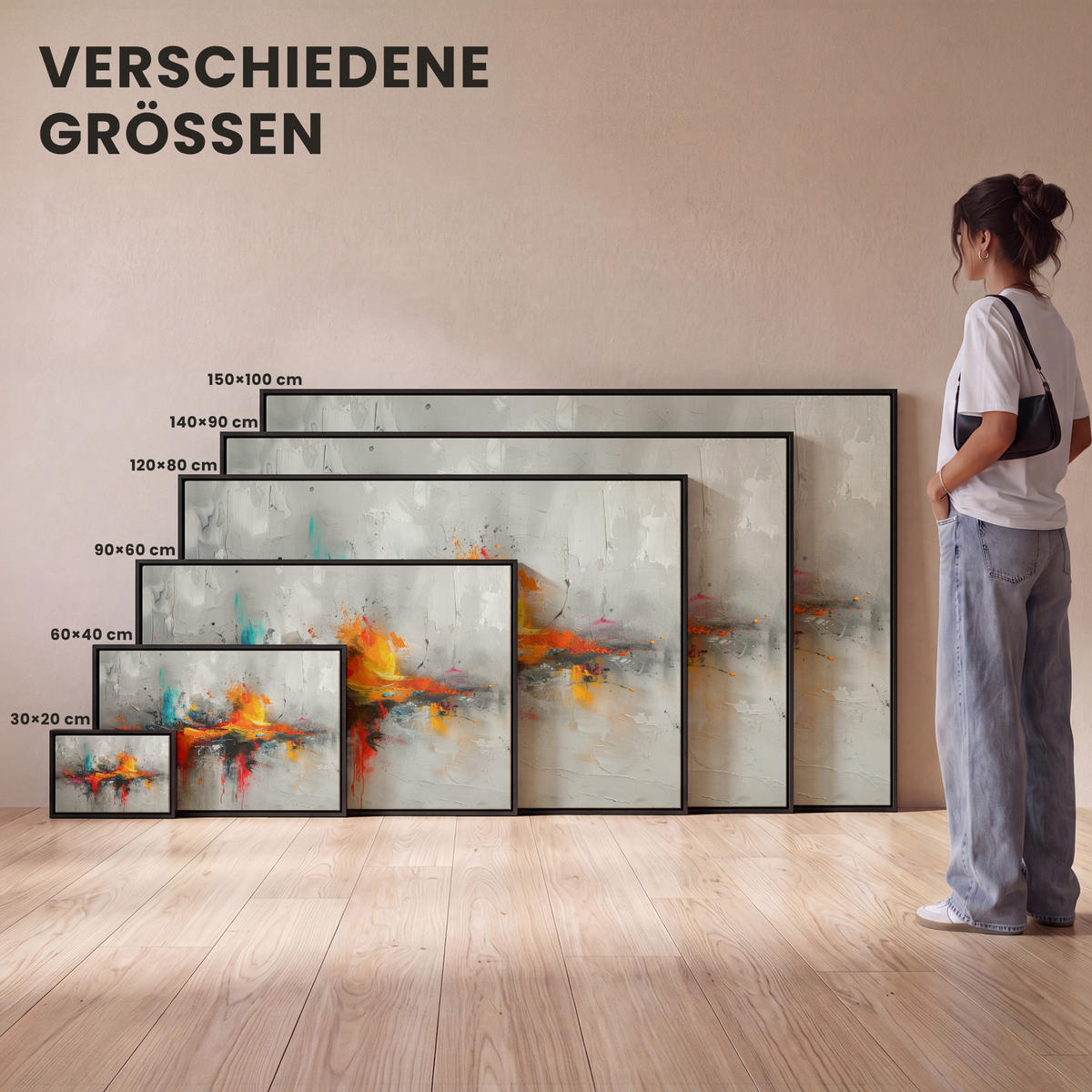 LEINWAND Bilder mit Rahmen - Moderne Kunst - Orange - Grau - Abstrakt - 120x80 - Hellgrau, Textil (120/80cm) - MuchoWow