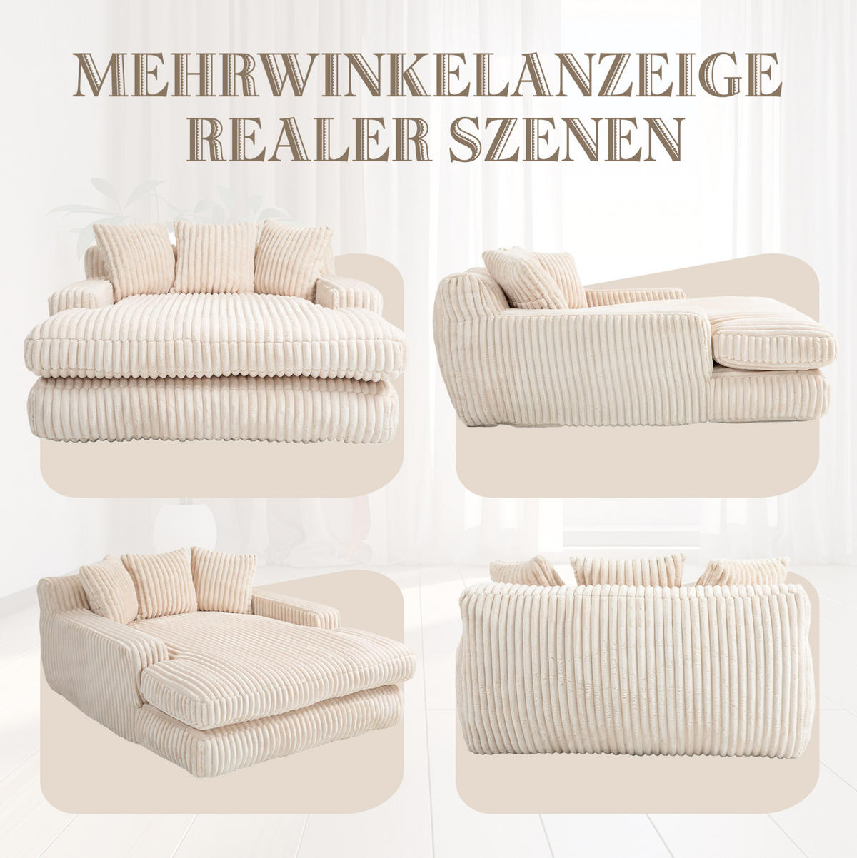 BIGSOFA 125/155/63 cm in Beige mit Chaiselongue aus Cord - Beige, Textil (63/125/155cm) - BEAOK