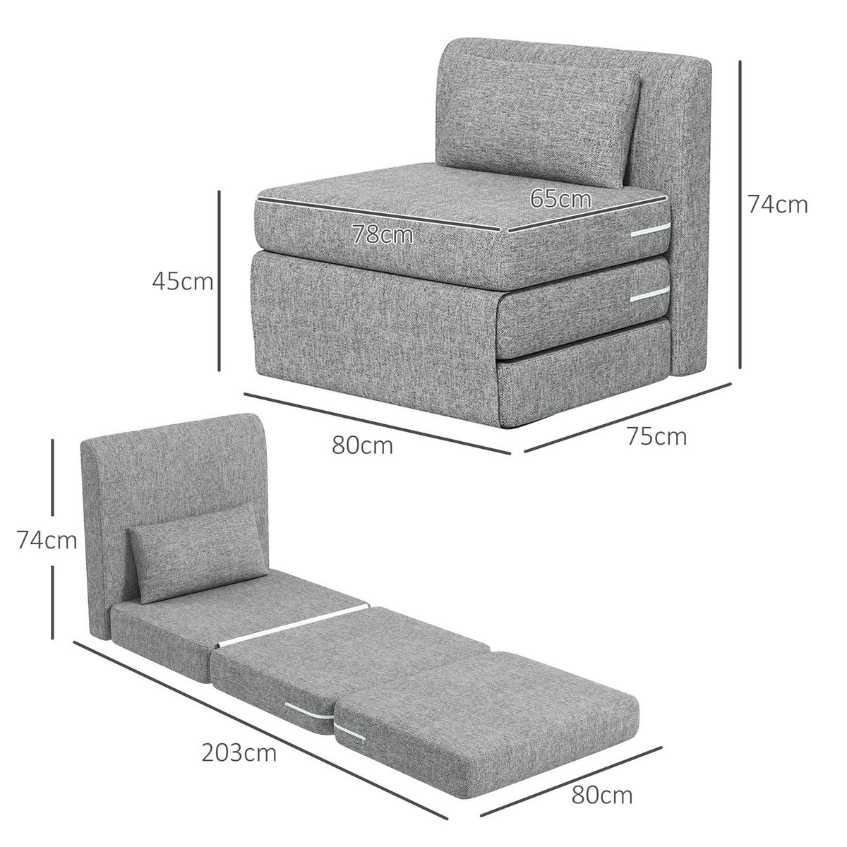 BODENSESSEL 2-in-1 Klappbar Schlafsofa mit Kordoptik für Wohnzimmer, Grau - Grau, Textil/Metall (75/74/80cm) - HOMCOM