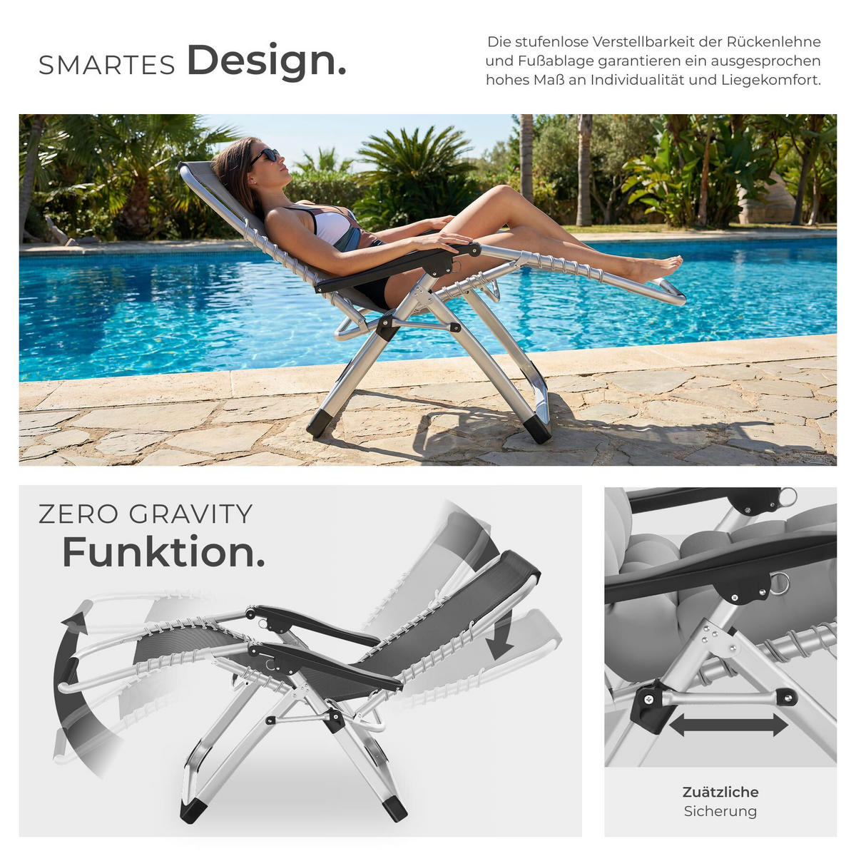 SONNENLIEGE Cloud, 84 x 168 x 82,5 cm, mit Ablagetisch, hellgrau - Hellgrau, Kunststoff (84/103/113cm) - tectake