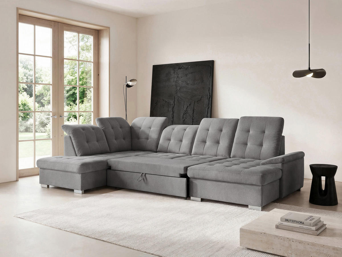 WOHNLANDSCHAFT ANON Ottomane Links, mit Schlaffunktion und Bettkasten, Grau - Grau, Kunststoff/Textil (322/87/220cm) - Idohome