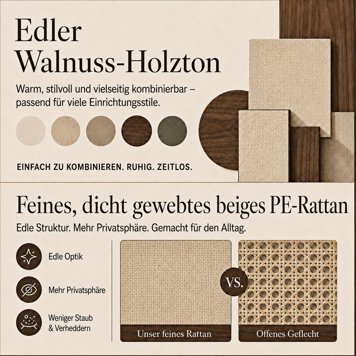 KOMMODE 120cm Walnuss mit 6 Schubladen und Rattan - Walnussfarben, Holzwerkstoff (120/80/40cm) - FLIEKS