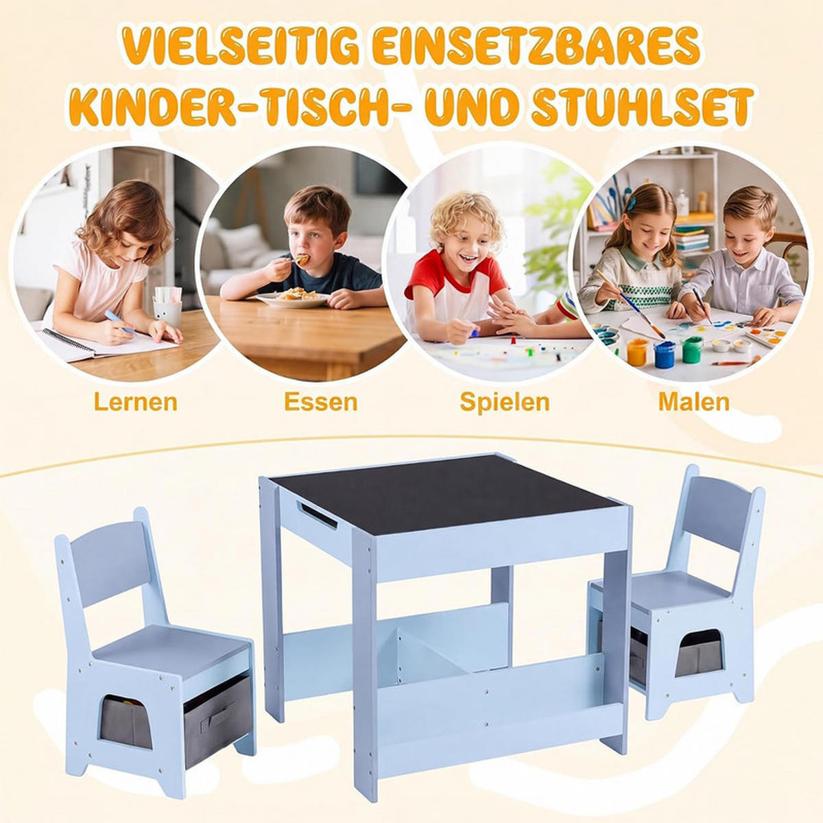 KINDERTISCH mit Stuhl blau(3-tlg) - Blau, Holzwerkstoff (62/56.5/62cm) - COSTWAY