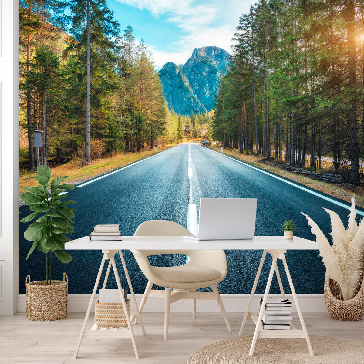 FOTOTAPETE für Wohnzimmer Asphaltstraße Bergwald Bäume Pflanzen 100x70 - Gelb/Schwarz, Papier (100/70cm) - Muralo