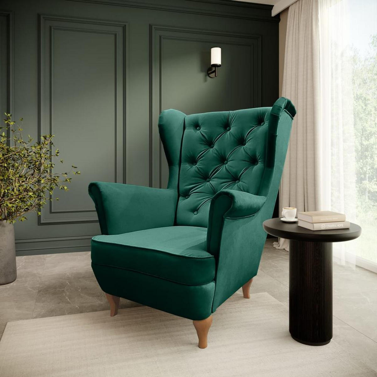CHESTERFIELD-SESSEL Falco grün mit Holzbeinen - Buchefarben/Grün, Holz/Textil (82/102/92cm) - Beautysofa