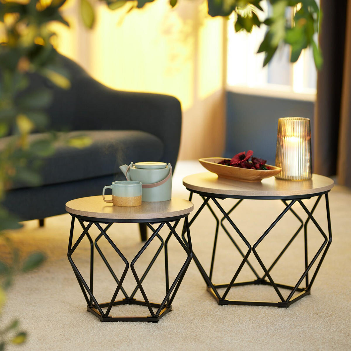 COUCHTISCH 2er Set Benham, mit höhenverstellbaren Kunststofffüßen, Industrial Holz hell, Eiche Sonoma - Naturfarben, Holzwerkstoff (50/50/40cm) - tectake