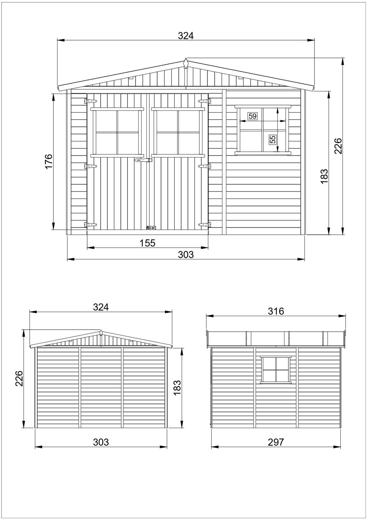 HOLZ-GARTHENHAUS - H226x316x324 cm/9 m² - M335 - Beige, Holz (324/226/297cm) - Timbela