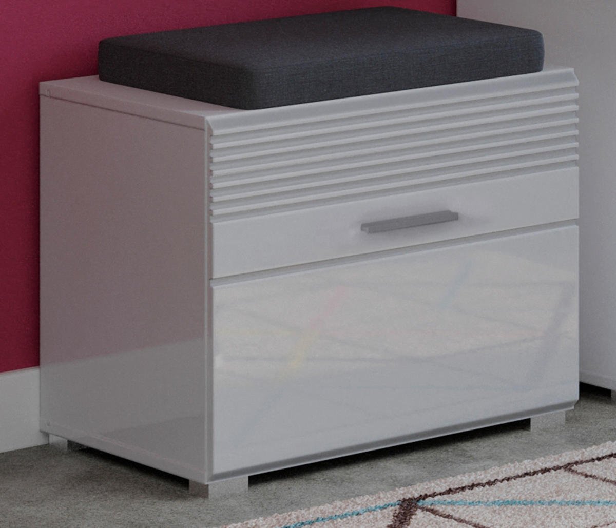 SITZBANK weiß Hochglanz 60 cm Garderobenbank mit Stauraum, Schuhschrank - Weiß Hochglanz/Silberfarben, Holzwerkstoff/Kunststoff (50/33/4cm) - Inn.Furn