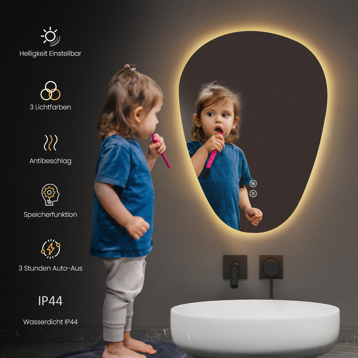 BADSPIEGEL mit Touch-Schalter, Dimmbar 70/50/3 cm - Weiß, Glas (50/2.9/70cm) - EMKE