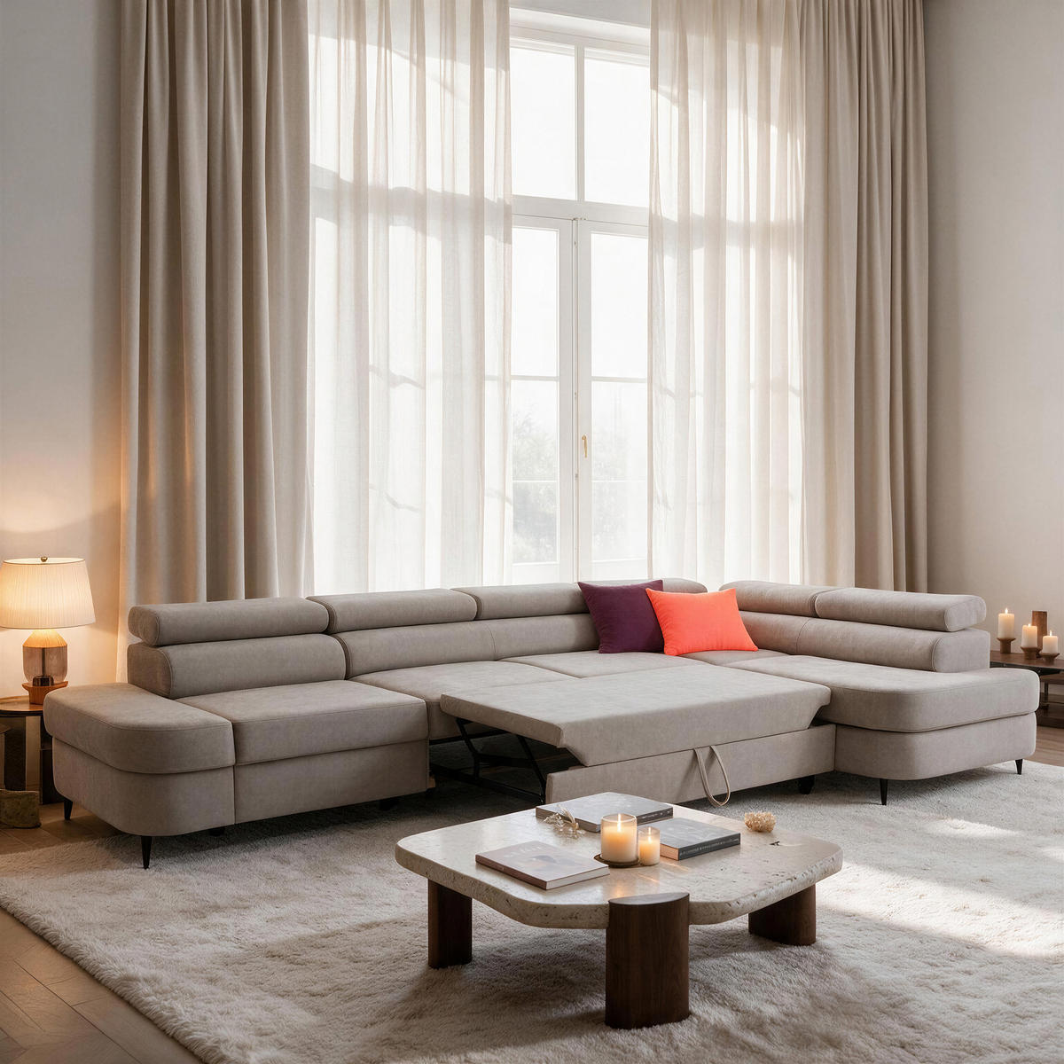 ECKSOFA PRIAM MAXI L-Form Rechts mit Schlaffunktion 125x195 Velours Beige - Beige/Schwarz, Holz/Textil (350/203cm) - Muffo