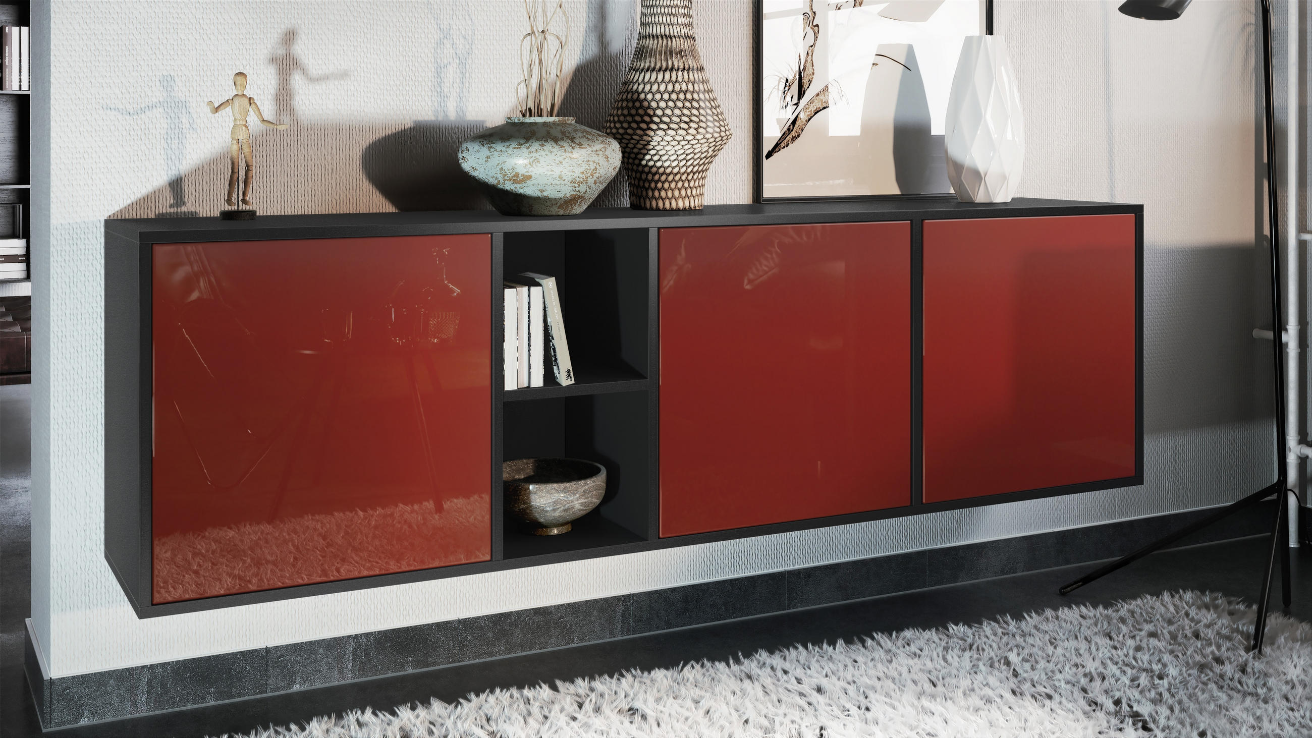 SIDEBOARD Cuba Türen in Bordeaux Hochglanz - Bordeaux, Holzwerkstoff (182/53/35cm) - Vladon