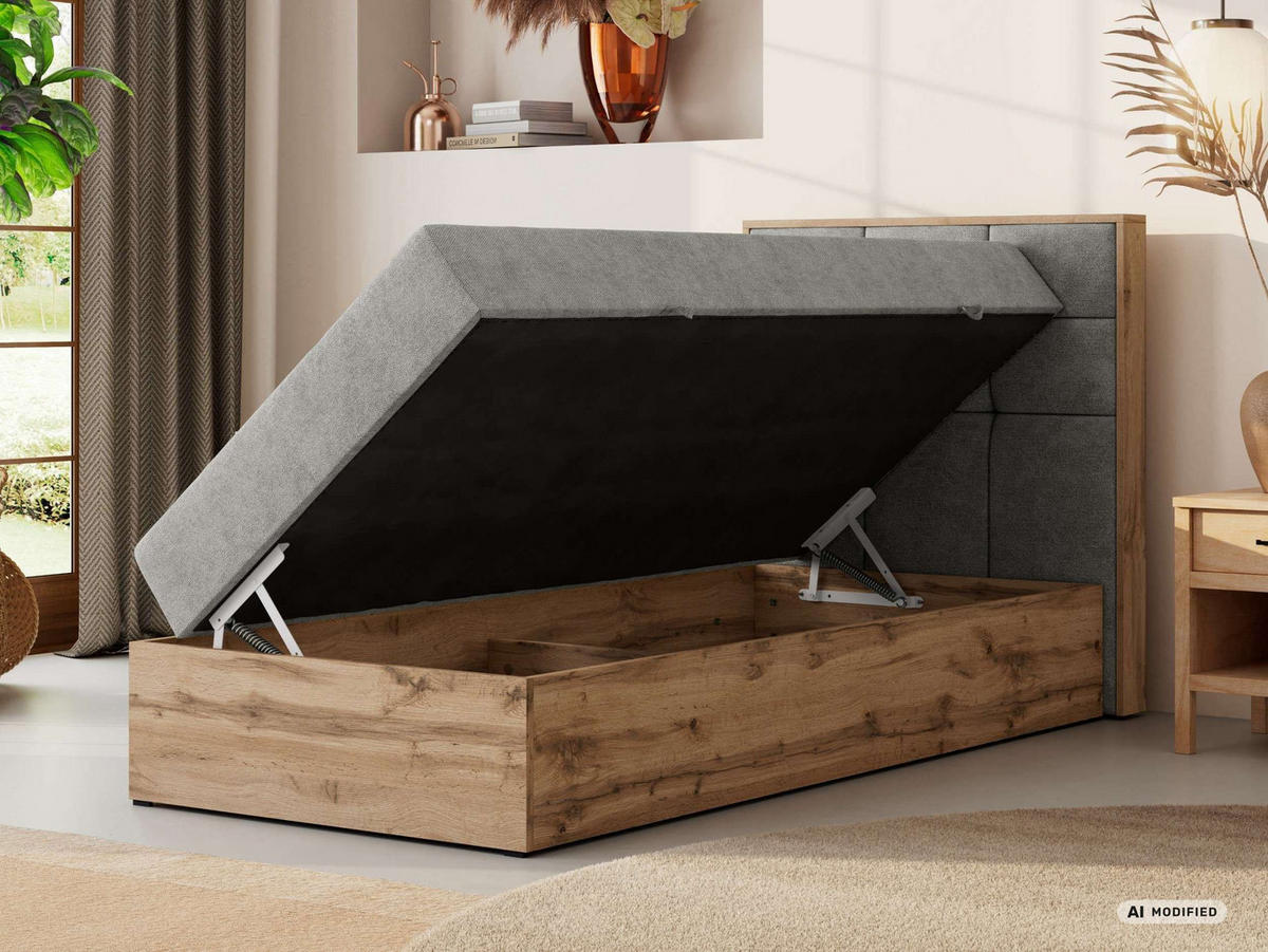BOXBETT ALBERO 1 90/200 - Hellgrau Stukture - Topper T25 - H4 - Rechts - Silberfarben/Hellgrau, Kunststoff/Textil (90/200cm) - MKS