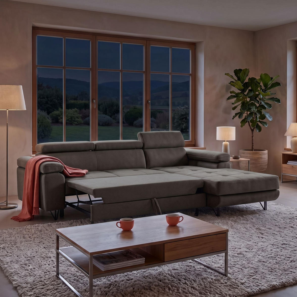 ECKSOFA NORIS L Rechts mit Schlaffunktion 128x203 Velours Taupe - Taupe/Schwarz, Holz/Textil (183/250cm) - Muffo