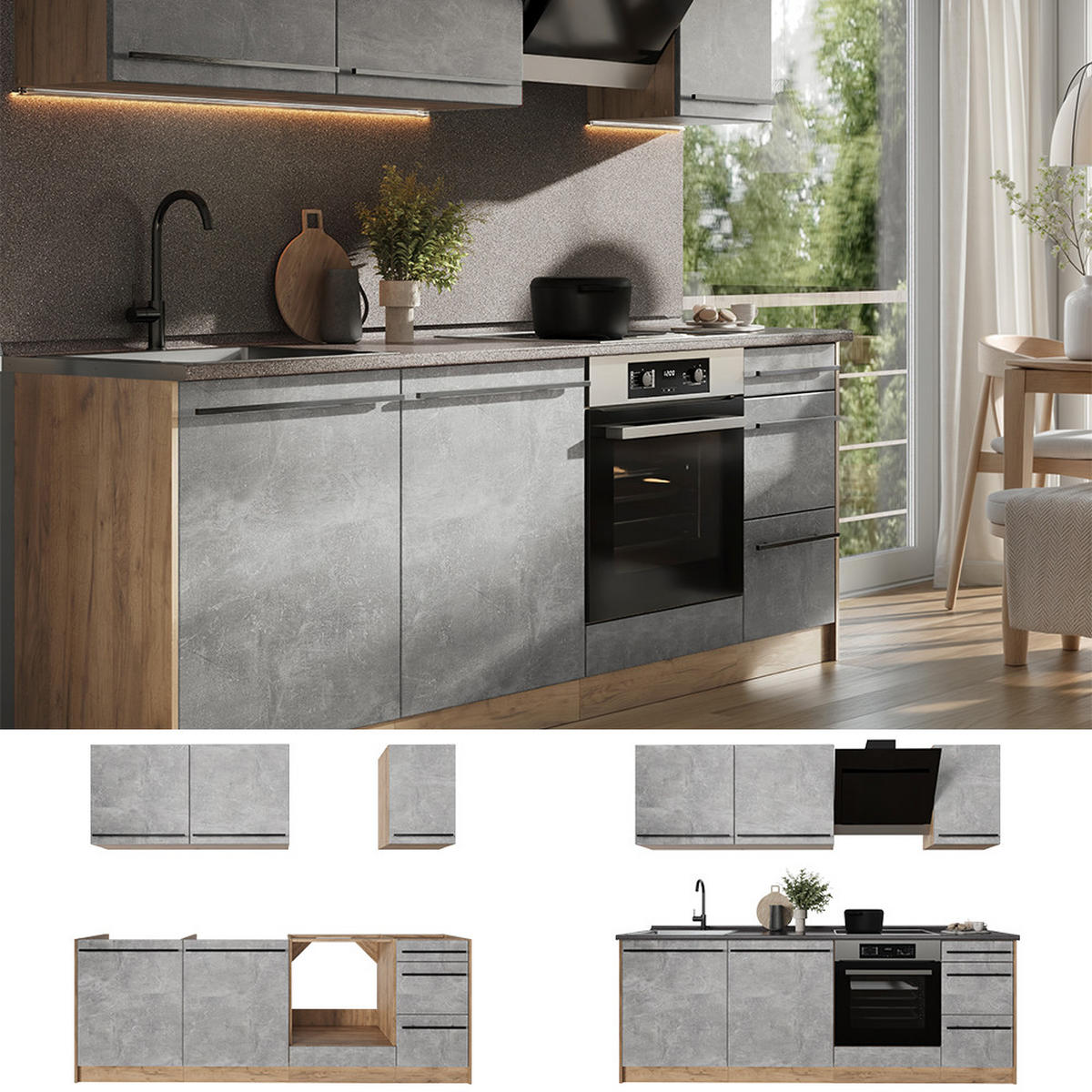 KÜCHENZEILE R-Line, Beton/Goldkraft Eiche, 220 cm Arbeitsplatte Goldkraft Eiche - Honigeiche/Grau, Holzwerkstoff (220/81.6/60cm) - Vicco