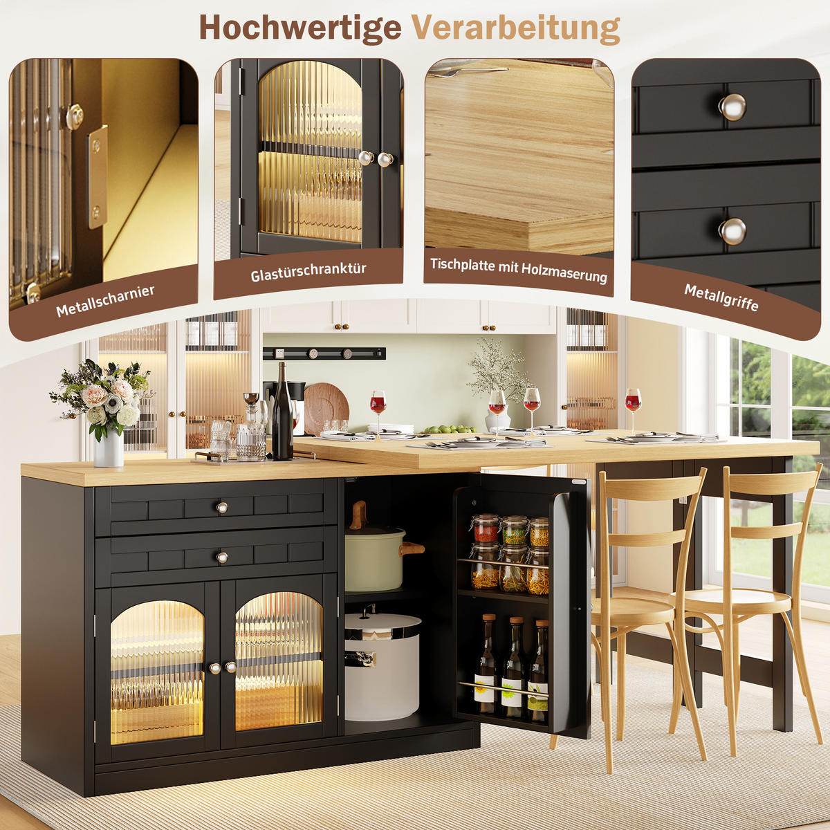 KÜCHENINSEL Ausziehbar 120 194cm 360° Drehbar Glastüren Schwarz - Schwarz, Metall (120/73.5/40cm) - FLIEKS