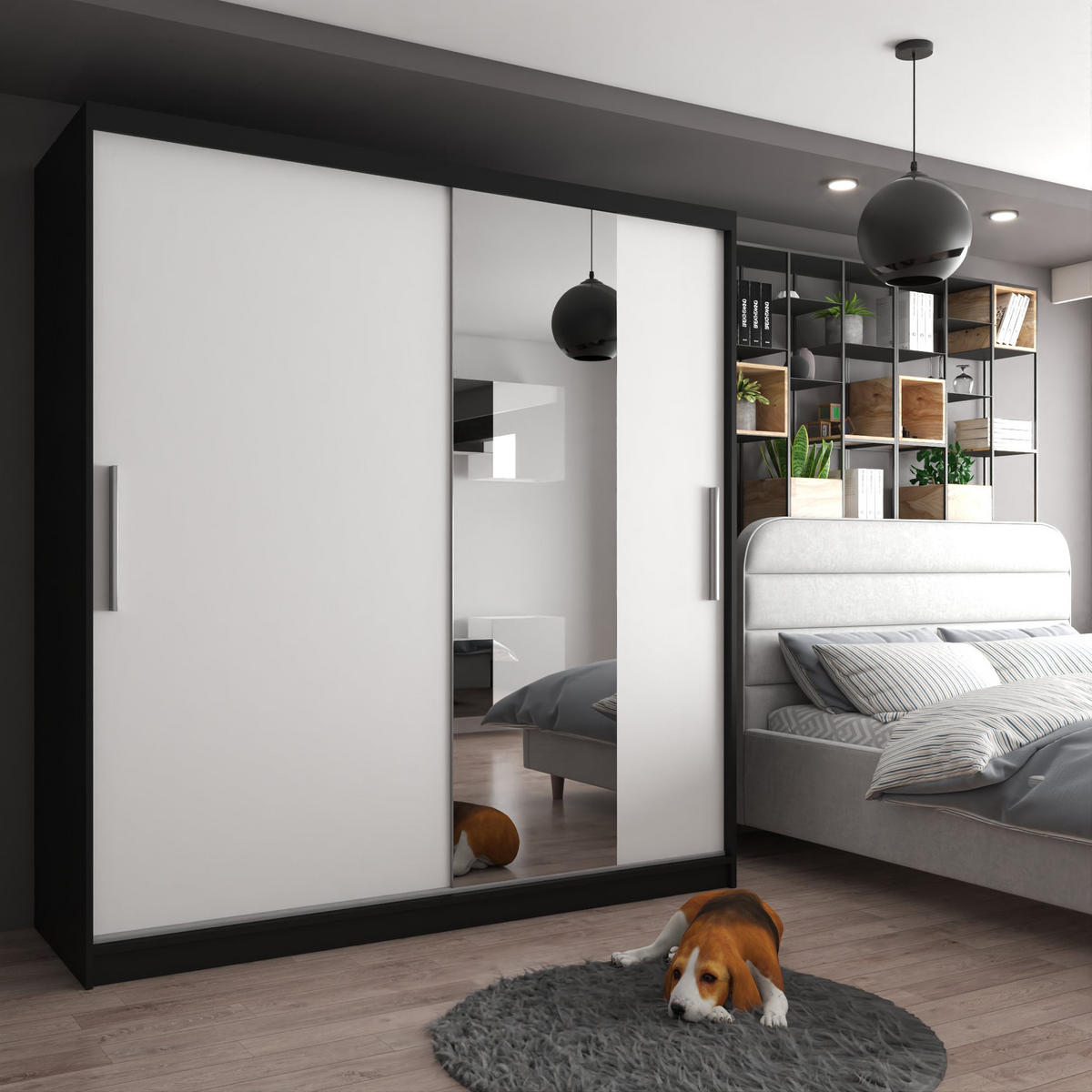 SCHWEBETÜRENSCHRANK Verona MSE, Schwarz/Weiß Matt, 200 cm, mit Spiegel - Weiß, Holz (200/216/60cm) - B BELINI GROUP