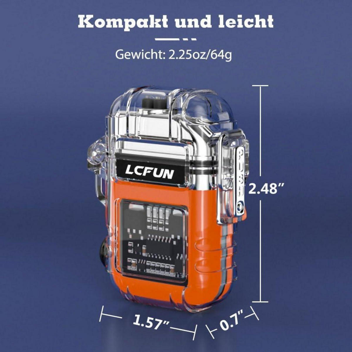 FEUERZEUG Elektrisch USB Aufladbar Wasserdicht Winddicht mit Taschenlampe Orange - Multicolor, Kunststoff (4/1.8/6.2cm)