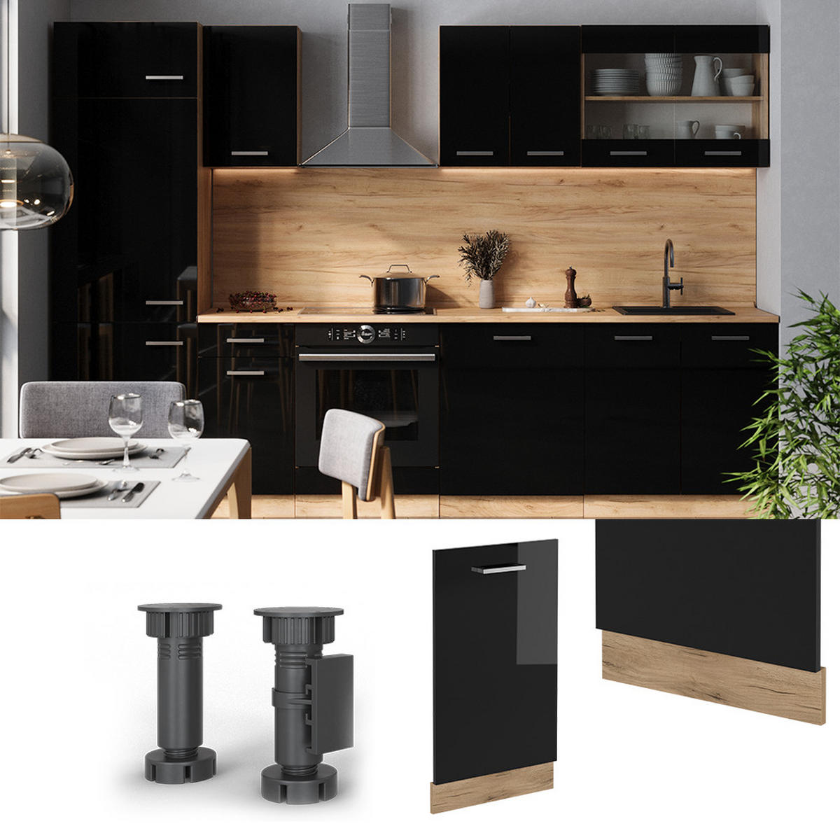 GESCHIRRSPÜLBLENDE R-Line Schwarz Hochglanz 45 cm , AP Anthrazit - Honigeiche/Schwarz Hochglanz, Holzwerkstoff (45/81.8/1.6cm) - Vicco