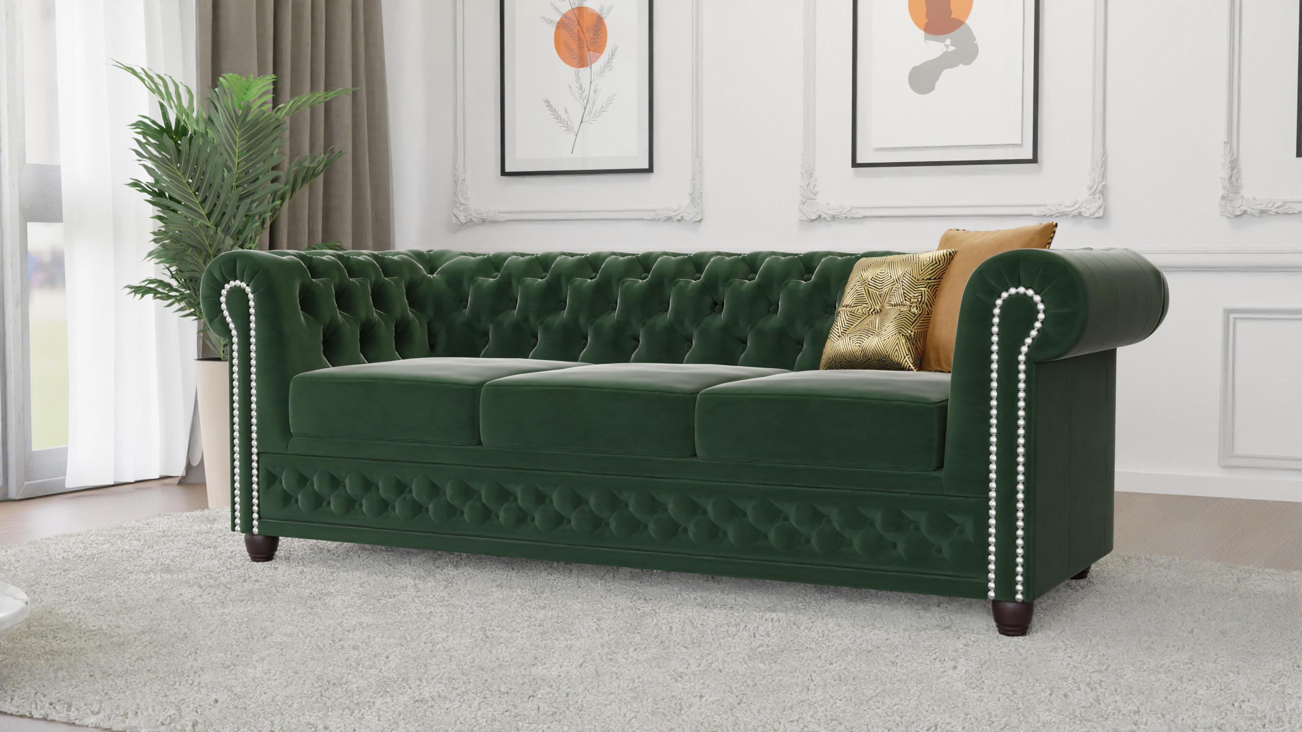 Thumbnail - S-Style Möbel Chesterfield-Sofa, Smaragdgrün, Textil, Echtholz, Teilmassiv,Buche, Birke, 3-Sitzer, Füllung: Komfortschau...