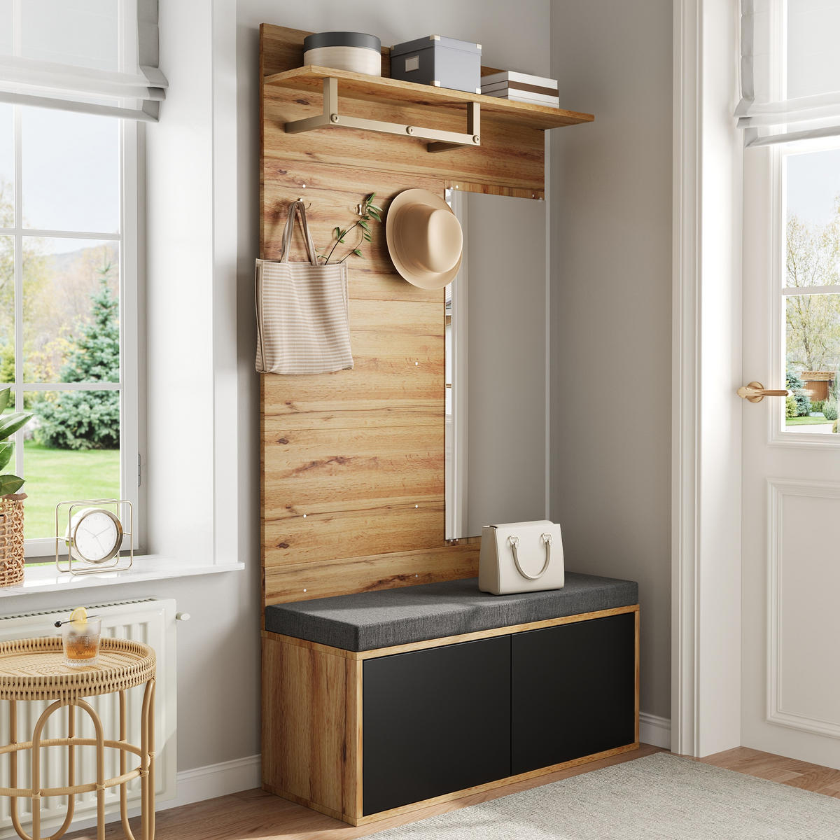 KLEIDERSCHRANKSET Kompakt Spiegel Kissen Garderobenpaneele Flur modern - Schwarz, Holzwerkstoff (38/190/100cm) - FLIEKS