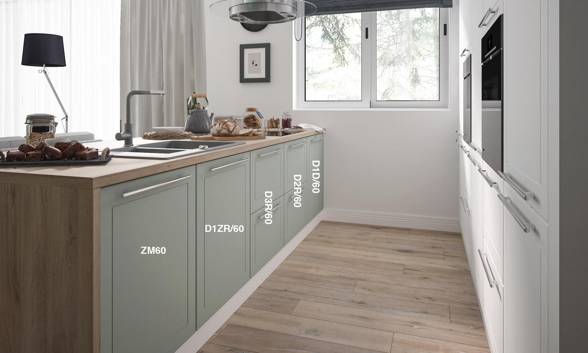 KÜCHENLEERBLOCK Kvantum weiß matt / mint matt, Arbeitsplatte und Abschlussrahmen Grey Craft Oak 15-teilig - Weiß, Holzwerkstoff/Metall (304/243/60cm) - Feldmann-Wohnen