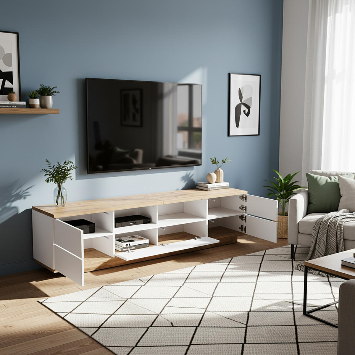 TV-SCHRANK 180 cm in Weiß & Holz-Optik Modernes Color-Block-Design - Weiß, Holzwerkstoff (180/46/38cm) - Urban Meuble