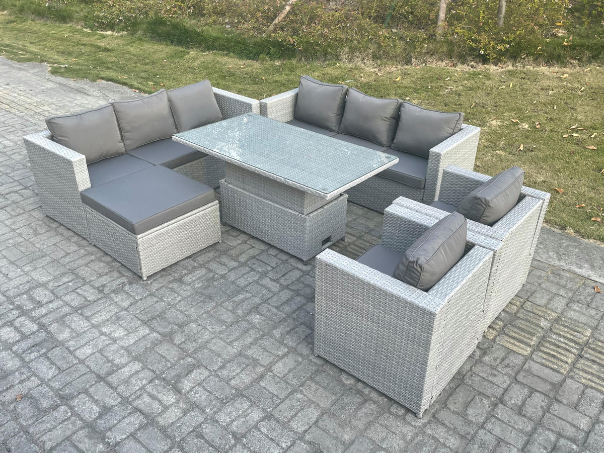 GARTENSOFA SET mit höhenverstellbarer Tisch Polyrattan Helles Grau 9-Sitzer - Hellgrau, Metall - Fimous