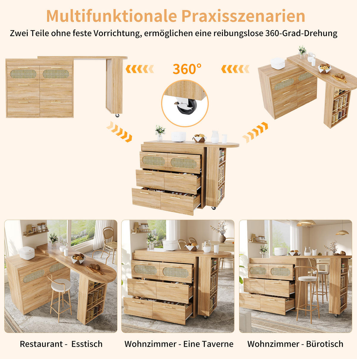 BARTISCH 128-203/39/90 cm drehbar mit 6 Schubladen, Ablagefach und Kippsicherung, MDF mit PE-Rattan, Natur - Naturfarben, Holzwerkstoff (39/203/90cm) - Redom