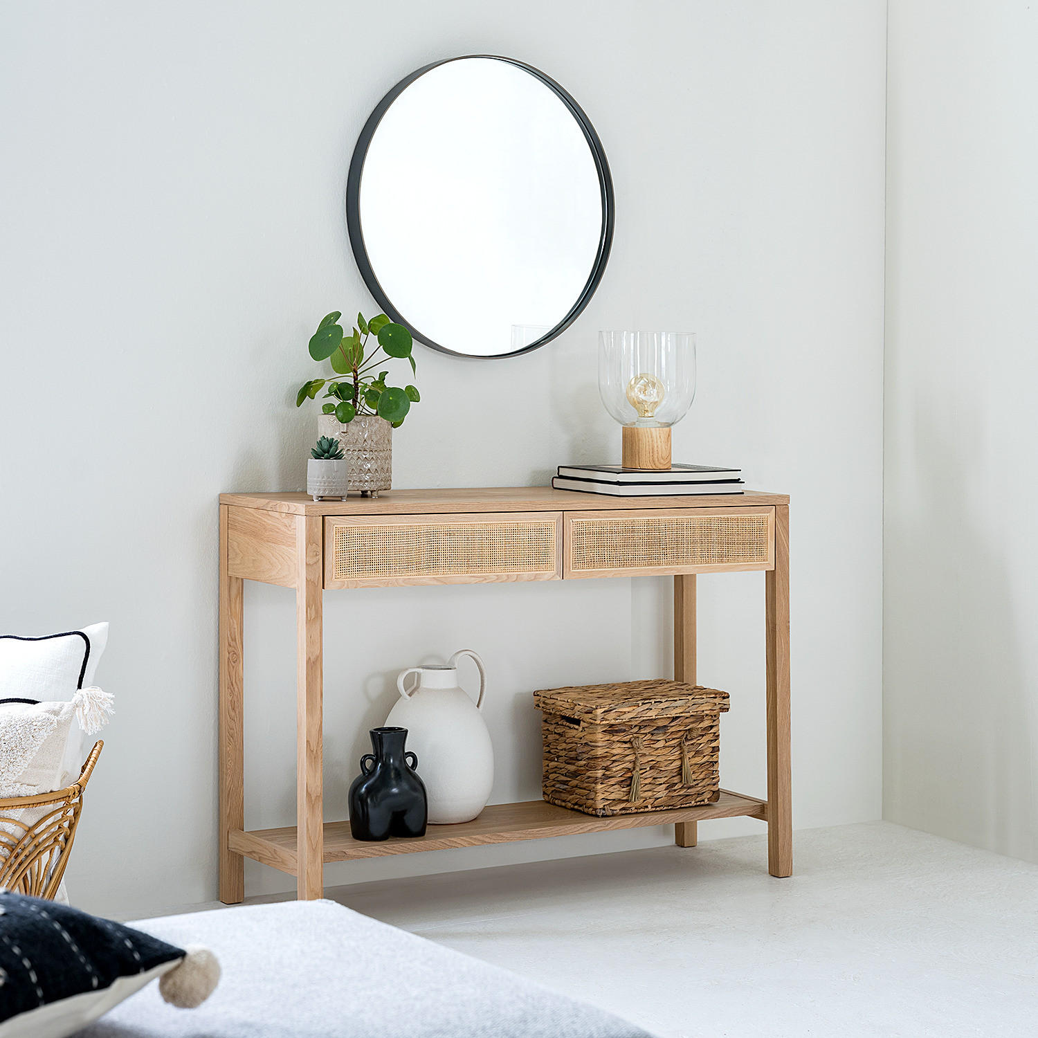 KONSOLENTISCH - Rattan / Eiche teilmassiv - Beige, Holzwerkstoff (35/110/75cm) - home24