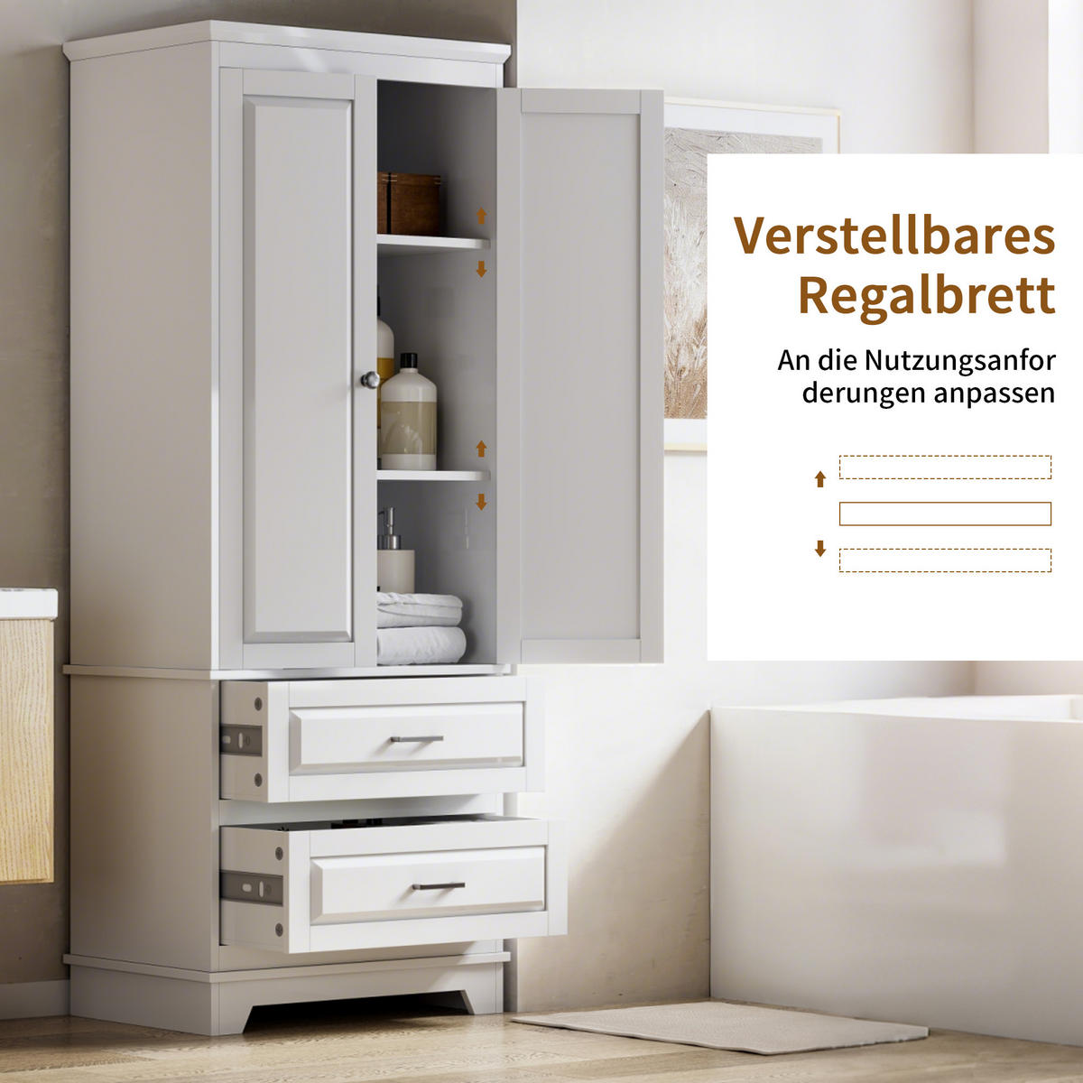 HOCHSCHRANK in Weiß 70/47/185 cm mit 2 Türen und 2 Schubladen Badezimmerschrank - Silberfarben/Weiß, Holz/Metall (47/185/70cm) - BPKADHY