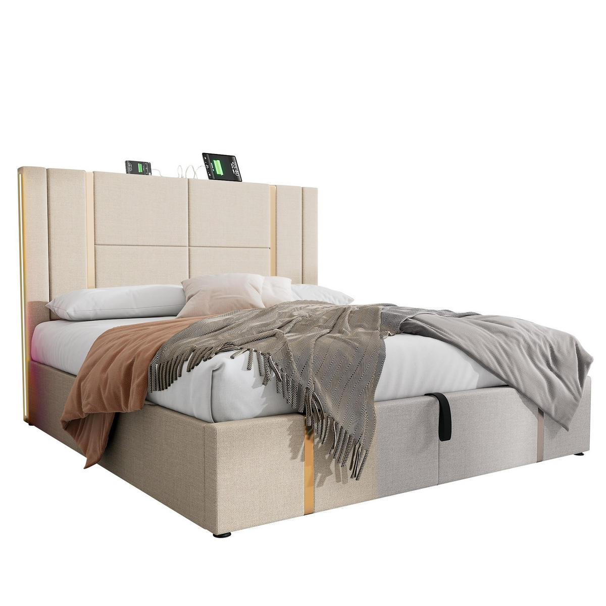 POLSTERBETT mit Bettkasten 140/200 cm mit LED-Beleuchtung und USB/Type-C - Beige, Textil (140/200cm) - BEAOK