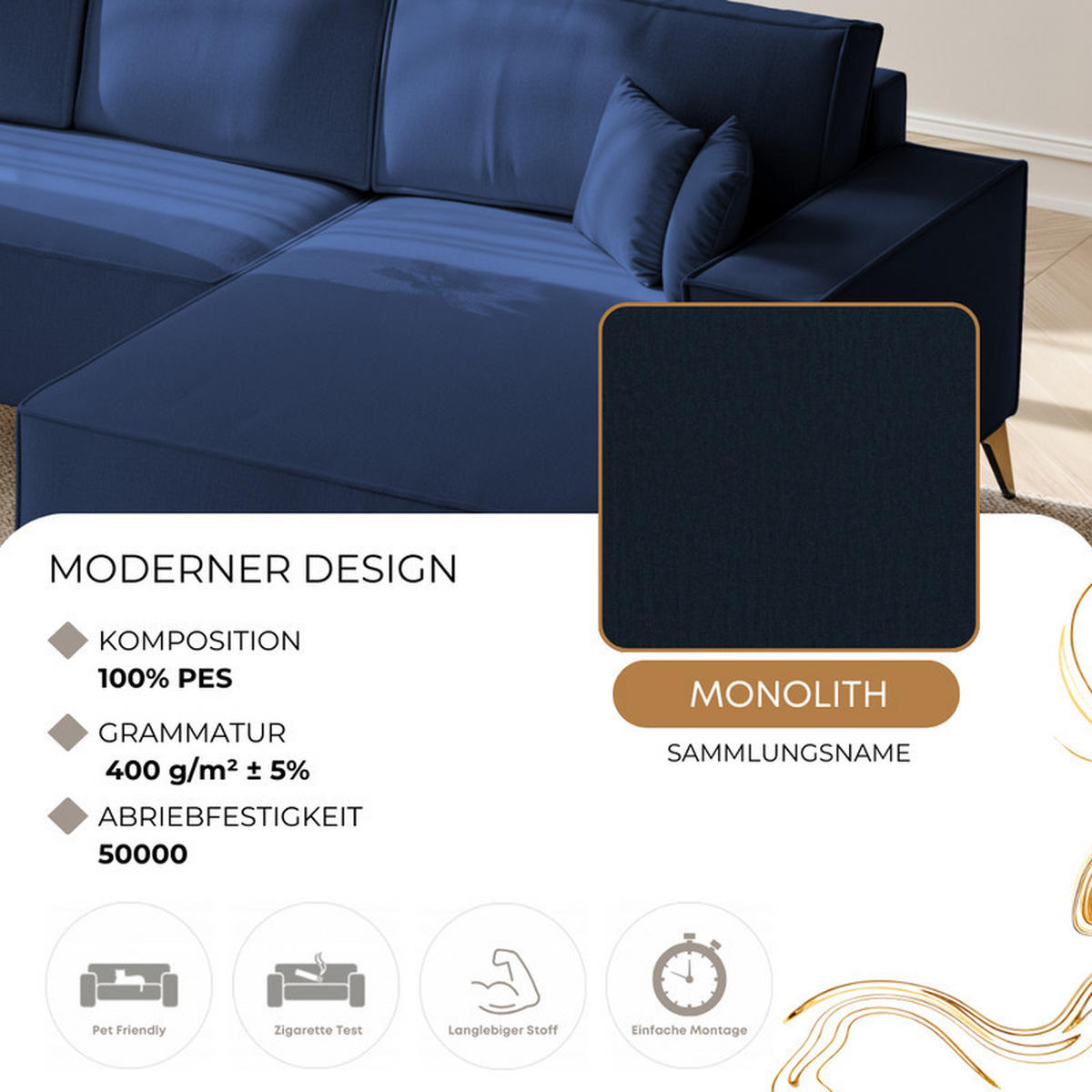 ECKSOFA OTIS Rechts, mit Schlaffunktion und Bettkasten, Marineblau - Dunkelblau, Textil/Metall (294/185cm) - Idohome