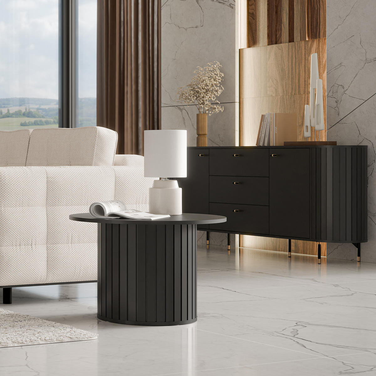 COUCHTISCH Zalia mit geriffeltem Sockel, runde Tischplatte 70 cm, im Retro-Stil, Schwarz - Schwarz, Holzwerkstoff (70/70/47cm) - Beautysofa