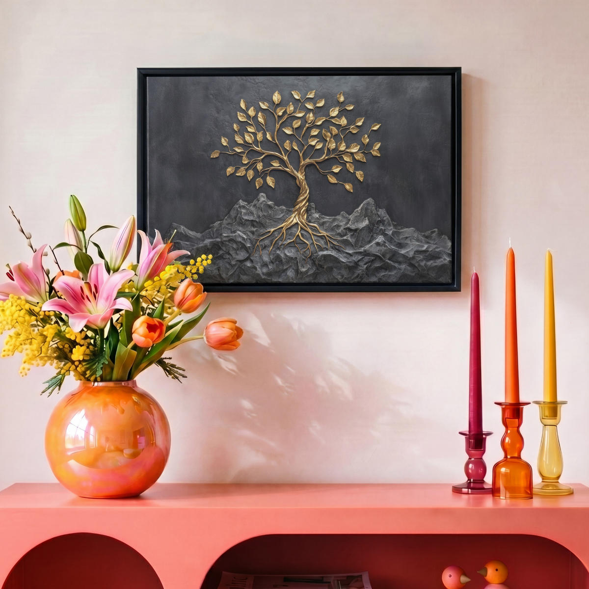 LEINWAND Bilder mit Rahmen - Blätter - Gold - Baum - Fels - 30x20 - Schwarz, Textil (30/20cm) - MuchoWow