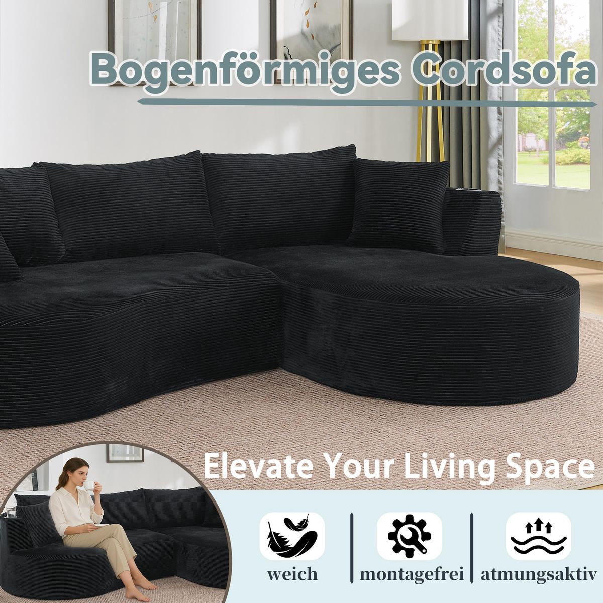 3-SITZER ECKSOFA Cord Schwarz mit Getränkehaltern und Kissen - Schwarz, Textil (264/168cm) - WISHDOR