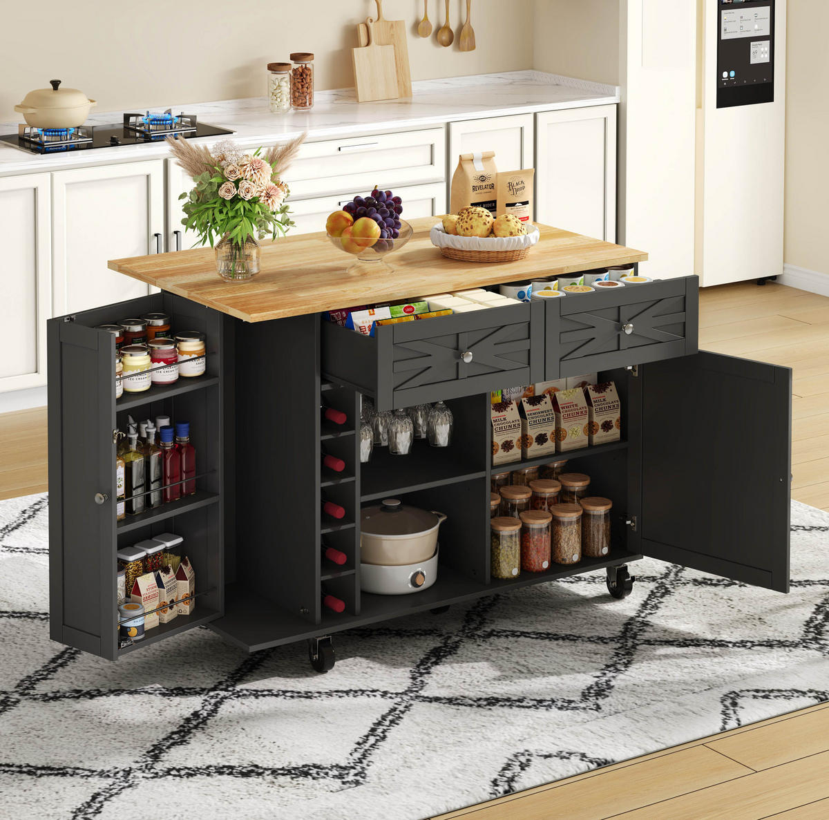 KÜCHENINSEL 120x70x89cm Schwarz mit Klappplatte,Weinregal & Schubladen - Schwarz, Holzwerkstoff (120/89/70cm) - Modfu