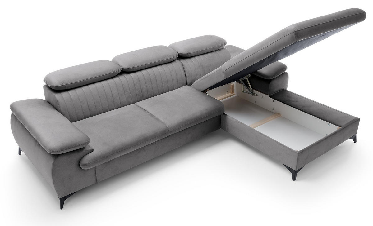ECKSOFA 280 cm Xanto M, Schlaffunktion, verstellbaren Kopfstützen, Rechts, Grau - Grau, Holz (193/280cm) - Emporius