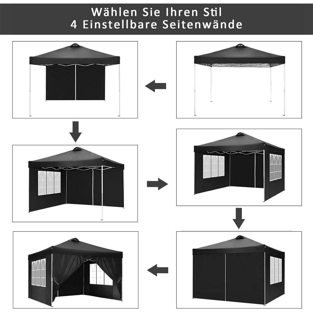 FALTPAVILLON 3 x 3 m Schwarz mit Seitenteilen - Schwarz, Textil (304.8/609.6/304.8cm)