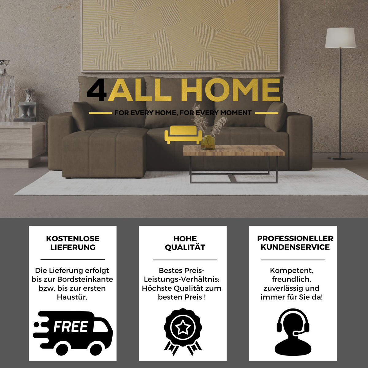 ECKSOFA Tico mit Bettkasten und Schlaffunktion, L-Form/XL-Form, Velourstoff, Universal - Braun, Holzwerkstoff (246/145cm) - 4ALL HOME