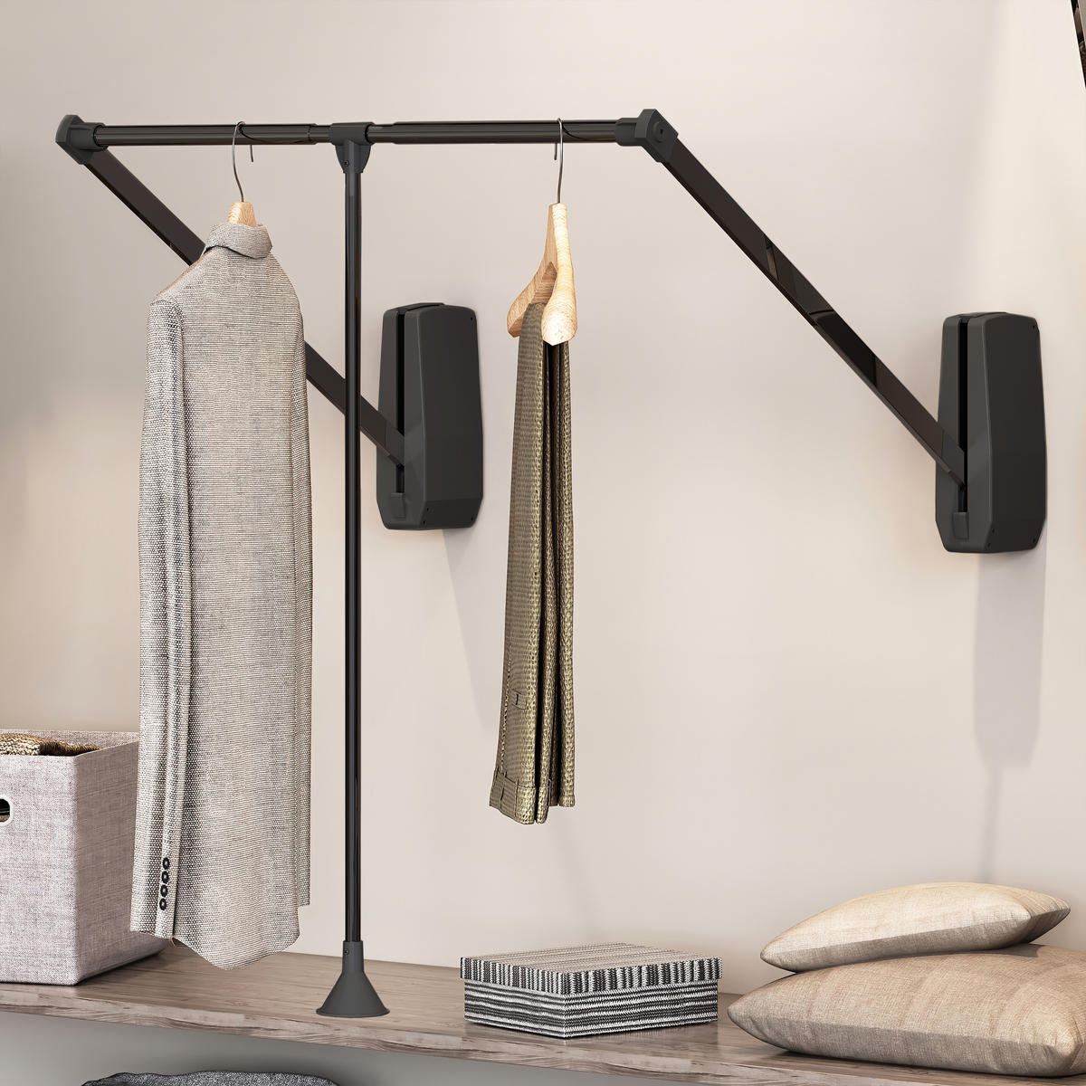 KLEIDERLIFT Für Garderoben Hang Wandmontage, 600–830mm, Stahl Und Kunststoff, Schwarz - Schwarz, Metall (83/85/85cm) - EMUCA
