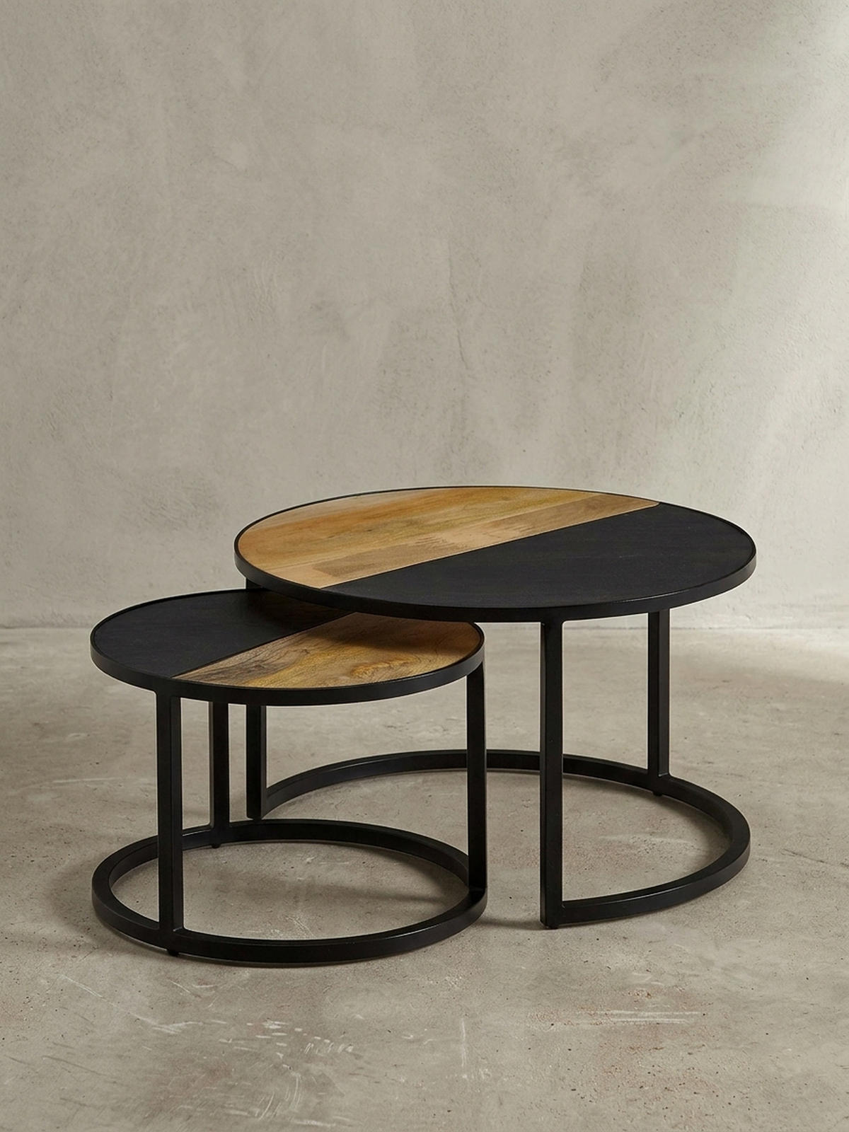 COUCHTISCH Set – Rund Mango Massivholz Steinoptik 2-teilig modern - Schwarz, Holz/Metall (60/60/36cm) - KADIMA DESIGN