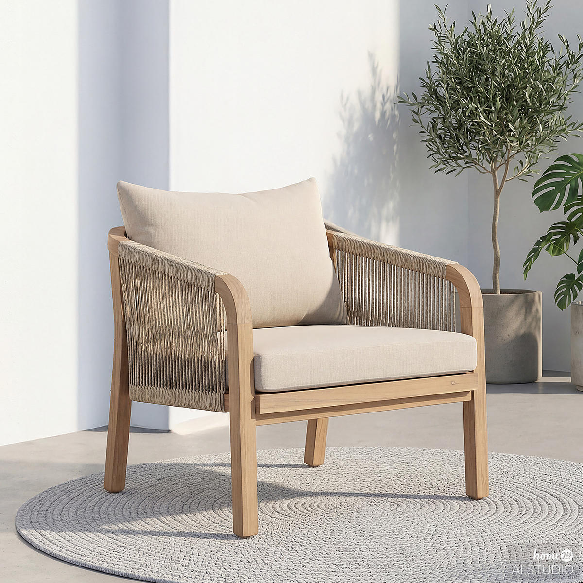 LOUNGESESSEL - Akazie massiv / Webstoff - Akazie Braun / Beige - Beige, Holz/Textil (68/69/80cm) - home24