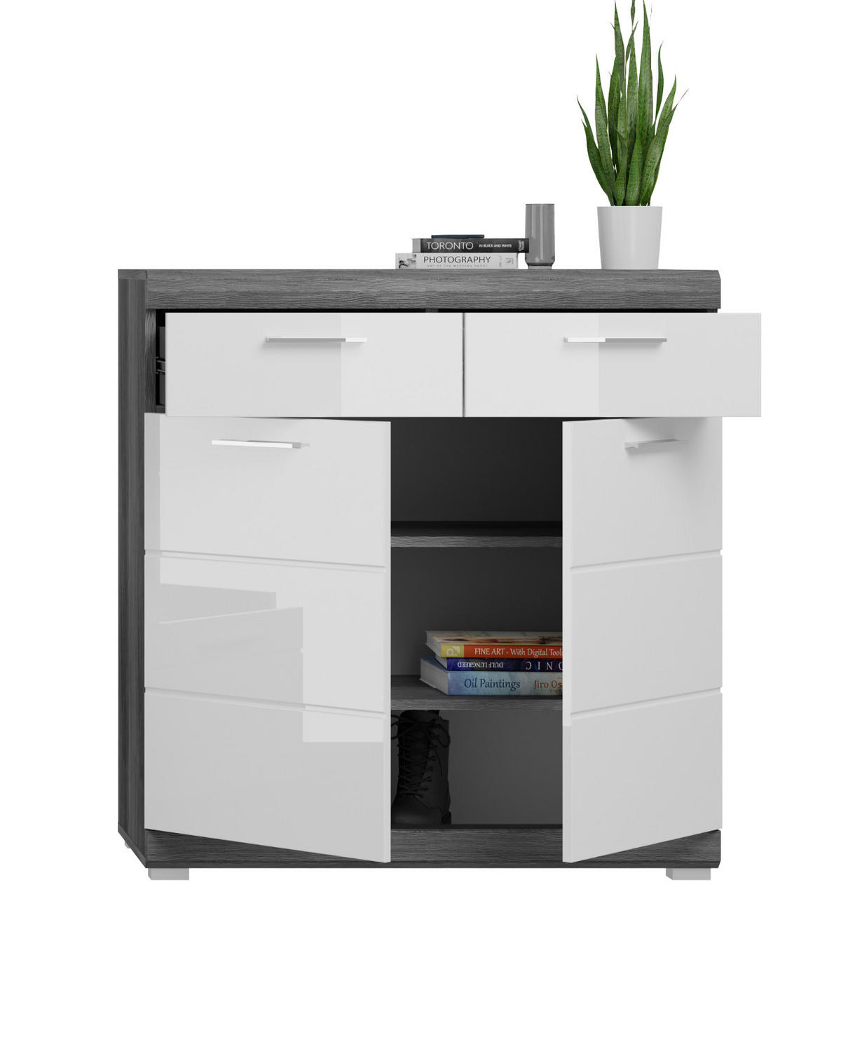 SCHUHSCHRANK weiß Hochglanz, Rauchsilber grau 90 cm, Flur Kommode mit Vollauszug - Chromfarben/Weiß Hochglanz, Holzwerkstoff/Kunststoff (90/96/37cm) - Inn.Furn