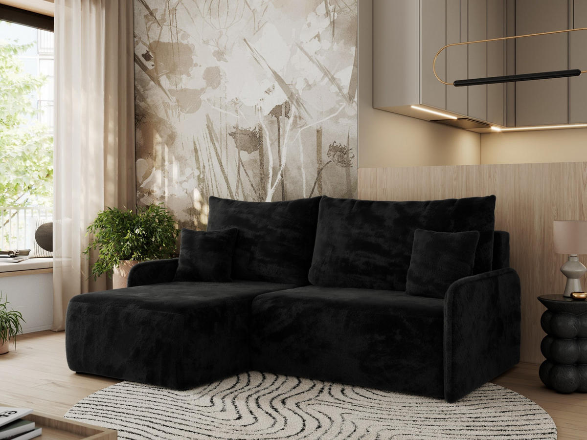 ECKSCHLAFSOFA ARPA L Schwarz Plüsch - links - Schwarz, Kunststoff/Textil (198/150cm) - MKS
