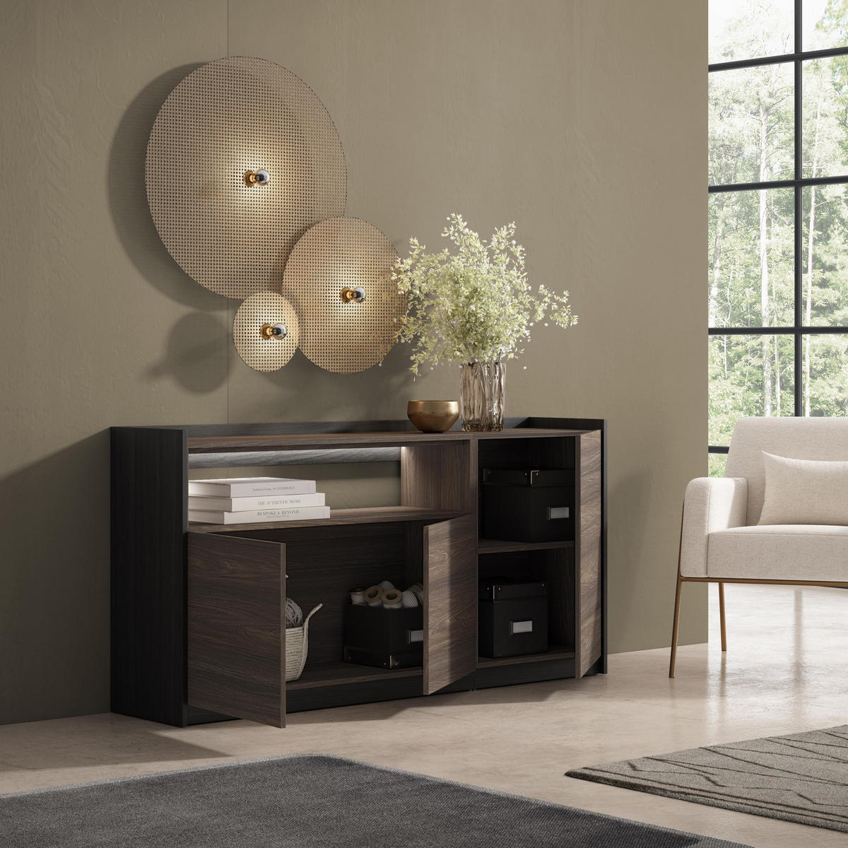 SIDEBOARD, Dunkler Eiche und Schwarz, 156/37/80cm, mit Led - Dunkelbraun, Holzwerkstoff (156/80/37cm) - Skraut Home